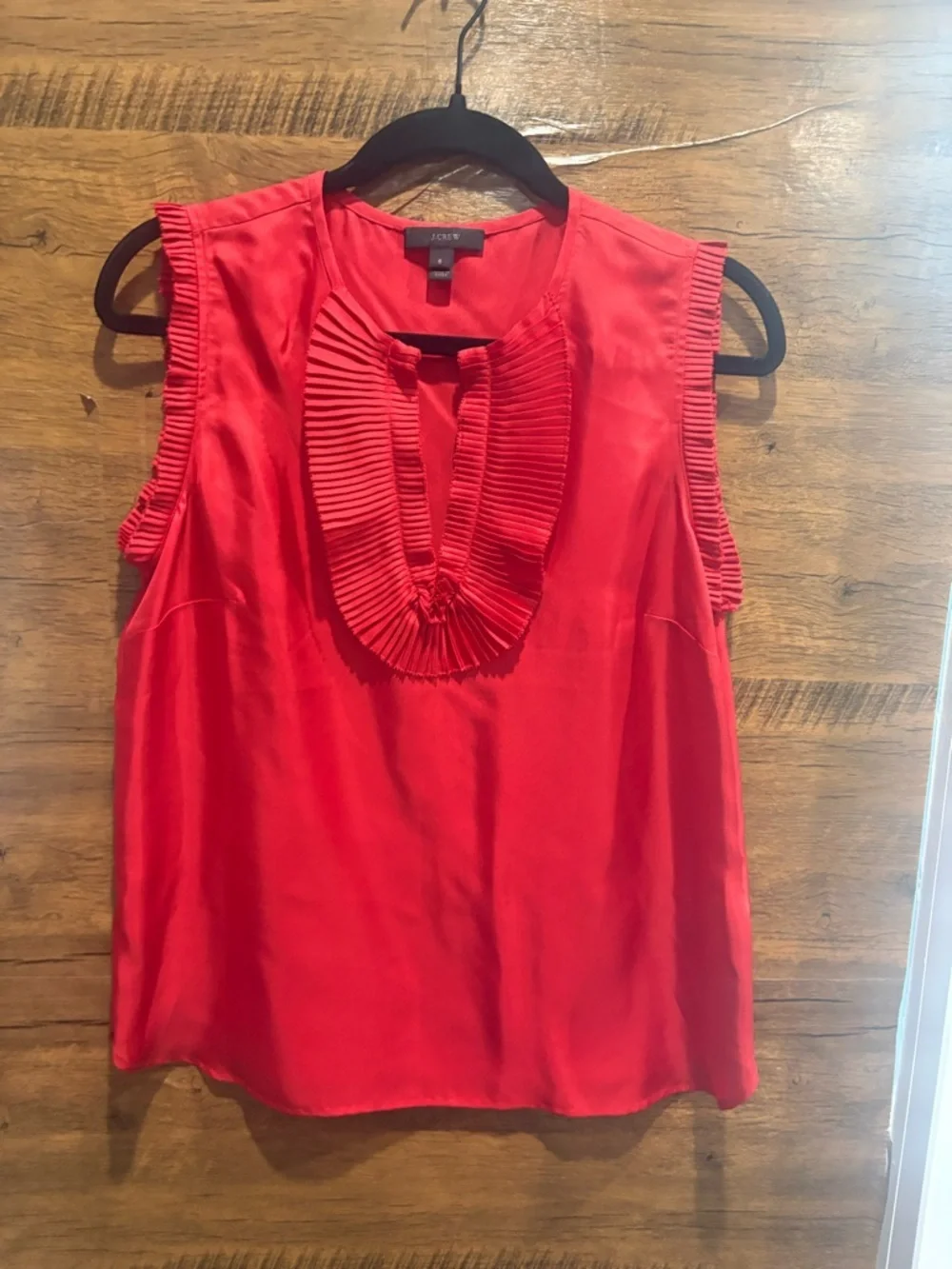 J. Crew Woman’s 100% Silk Red Ruffle Trim Sleeveless Blouse, Size 6, EUC